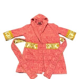 Versace Kids Coral Hooded Pajama Robe with Gold Baroque Trim, pre-owned